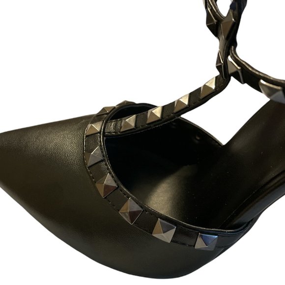 Black Studded T-Strap Pointed Heels. - Picture 3 of 4